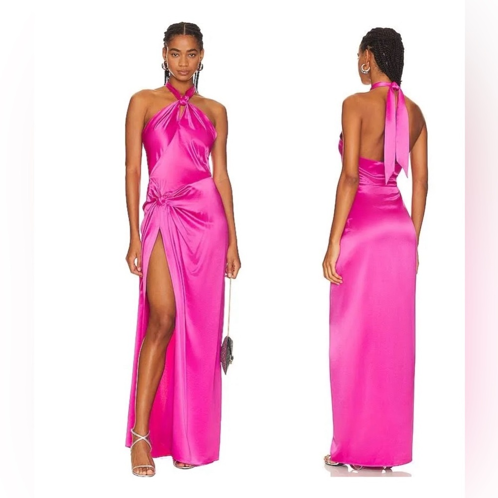 Ronny Kobo Collection Zadena Backless Vibrant Pink Maxi Halter Dress